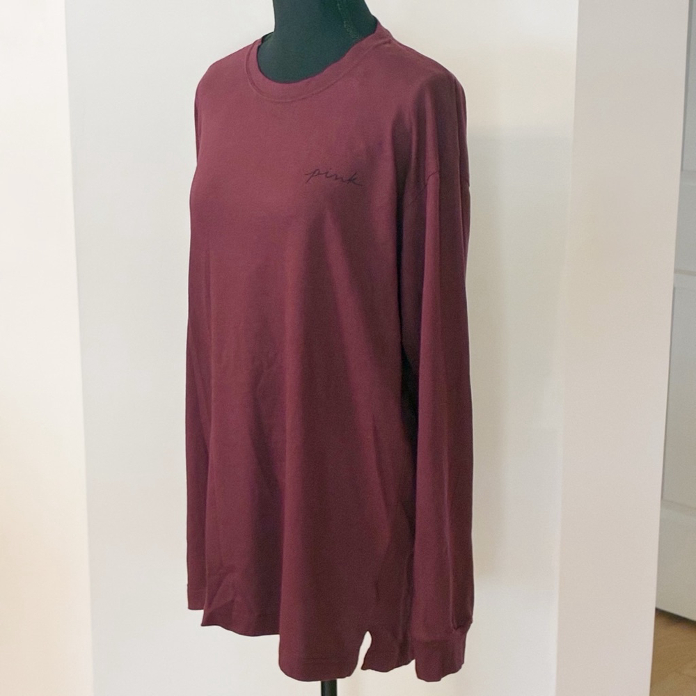 PINK Victoria’s Secret Maroon Long Sleeve T-shirt Oversized Relaxed Fit, Size M - Picture 3 of 15